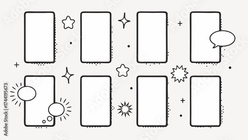 Vector illustration of eight rectangular frames with stars speech bubbles and plus signs on a white background