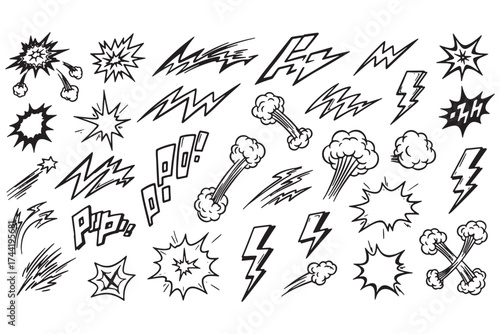 Collection of handdrawn comic explosion and lightning bolt elements isolated on white background, perfect for adding dynamic effects to designs vector illustration