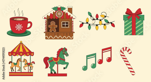 Charming collection of Christmas and Holiday Season Vector Illustrations featuring Hot Cocoa, Gingerbread House, Carousel, and Festive Winter Elements, Flat Vector Elements, Vector Illustration,