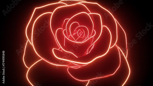 Abstract Red Neon Rose Outline. Glowing Floral Design Element for Modern Graphics, Technology, Love & Romance Concepts.
