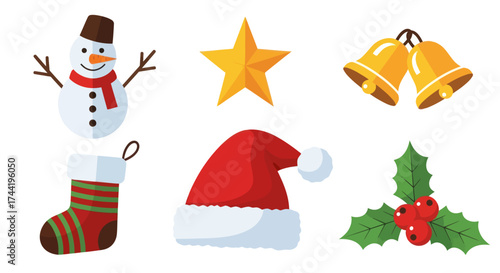 Flat Design Christmas Holiday Icons Set featuring a Snowman, Striped Stocking, and Santa Hat on a White Background for Festive Seasonal Decor and Winter Celebrations, Flat Vector Elements, Vector