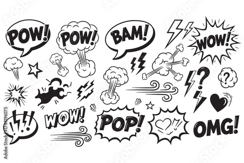 Comic speech bubbles isolated on white background with dynamic expressions of pow, bam, wow, pop, and omg for impactful communication vector illustration