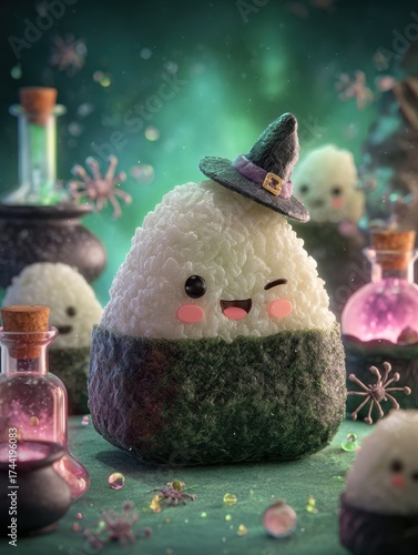 Whimsical Halloween treat featuring a cute onigiri wearing a witch hat amid potions and magical atmosphere