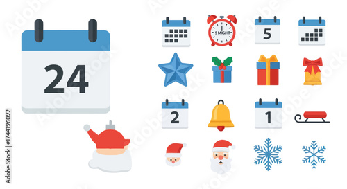 Christmas Eve Calendar and Santa Claus Ornament in Flat Design for Holiday Season Countdown, Flat Vector Elements, Vector Illustration, Simple Vector, Stylized Vector Drawing, Vector Template, Clean