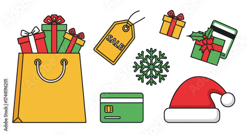 Vibrant Gift Boxes in a Yellow Shopping Bag, Isolated on White for Shopping and Celebration Themes, Flat Vector Elements, Vector Illustration, Simple Vector, Stylized Vector Drawing, Vector Template,