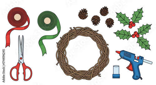 Colorful Ribbons, Scissors, and Wreath Base for Festive Crafting and Holiday Decor on White Background, Flat Vector Elements, Vector Illustration, Simple Vector, Stylized Vector Drawing, Vector