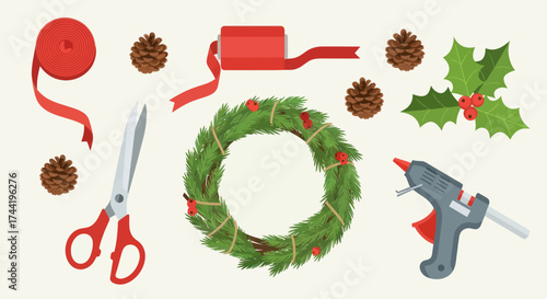 Christmas Wreath Making Supplies and Craft Materials: Red Ribbons, Pinecones, Scissors, and Evergreen Branches, Flat Vector Elements, Vector Illustration, Simple Vector, Stylized Vector Drawing,