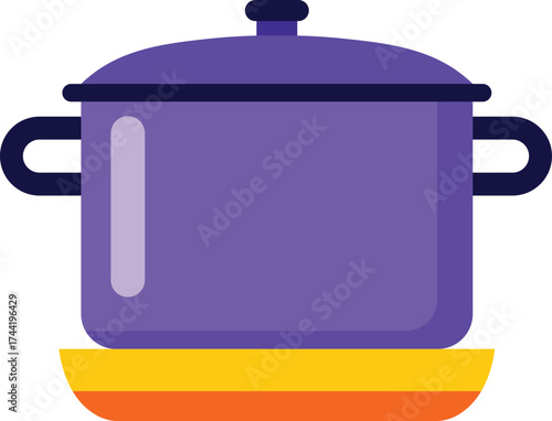 Purple cooking pot with handles on yellow and orange base saucepan kitchenware