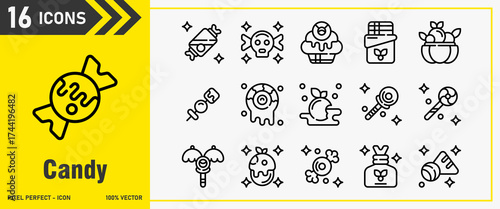 Candy icon set. Editable Stroke Icon Collection. gift sweet, pumpkin, lollipop, candy court, sweet child. Outline icons, icon interface, icon pack, vector collection.

