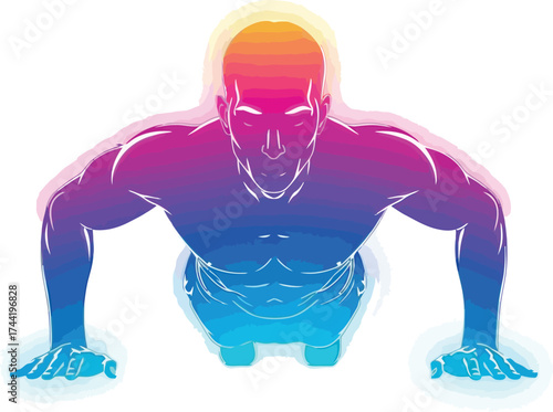 Dynamic pushup illustration showing strength and fitness with vibrant gradient colors, perfect for modern health and wellness campaigns or athletic brands