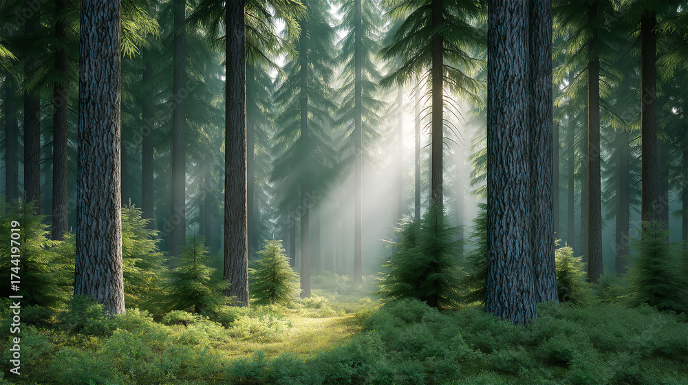 Fototapeta premium Sunlight streaming through tall pine trees in lush green forest, concept of peace, nature and eco environment.