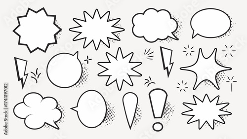 Vector illustration of comic style speech bubbles lightning bolts and exclamation point on a white background