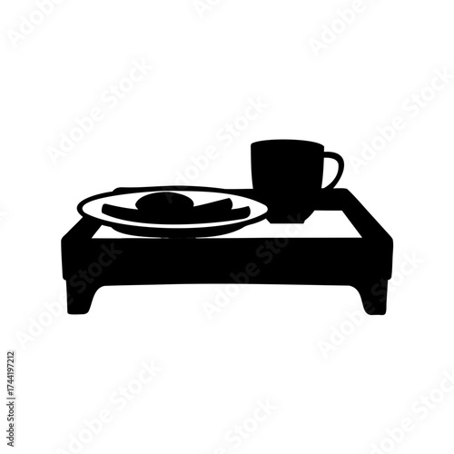 Black silhouette of breakfast on a serving tray with a drink