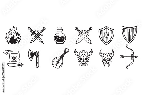 Collection of fantasy roleplaying game icons isolated on white background, featuring weapons, armor, magic items, and other adventurerelated elements vector illustration