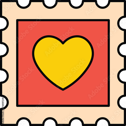 Yellow heart on red postage stamp with scalloped edges love