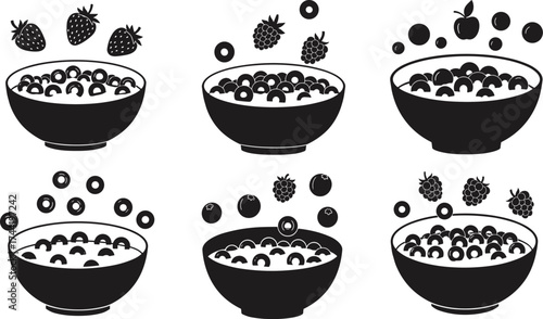 Black and white vector illustration of cereal bowls with strawberries, raspberries, blueberries, apple, and cherry fruit combinations for healthy breakfast design