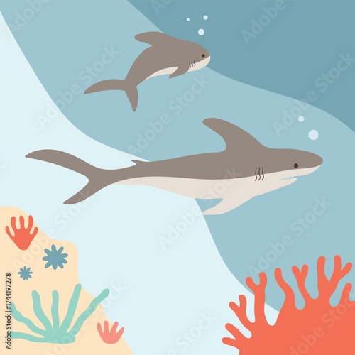 Vector background with images of sharks swimming on the seabed, coral reefs, starfish, algae on the ocean floor.