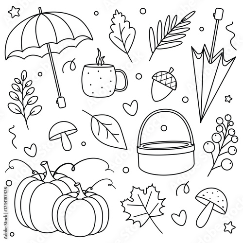 Coloring page with black and white illustrations of autumn leaves, mushrooms, umbrellas, baskets, berries, pumpkins on a white background.