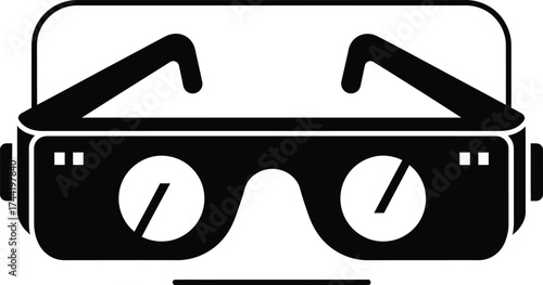 Stylized black and white icon of virtual reality headset with simple lines and shapes