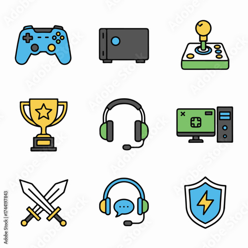 Gaming and esports vector icon set featuring consoles controllers trophies and online game 