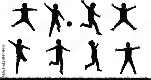 Black silhouette children playing soccer ball outdoors, energetic kids jumping running dancing sports activity, childhood fun teamwork exercise vector illustration design