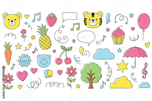 Cheerful doodle illustration isolated on white background featuring a delightful array of whimsical elements, including animals, fruits, and musical notes vector illustration