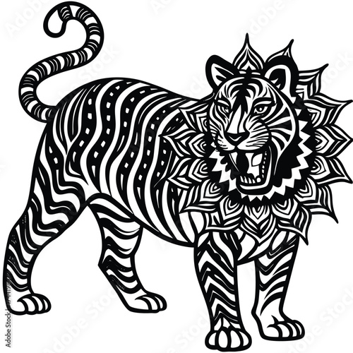 Tiger full body in roaring pose covered in artistic mandala line art.