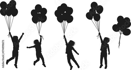 Black silhouette vector illustration of children holding balloons in playful poses, floating upward, celebrating childhood joy, imagination, freedom, and creative lifestyle design