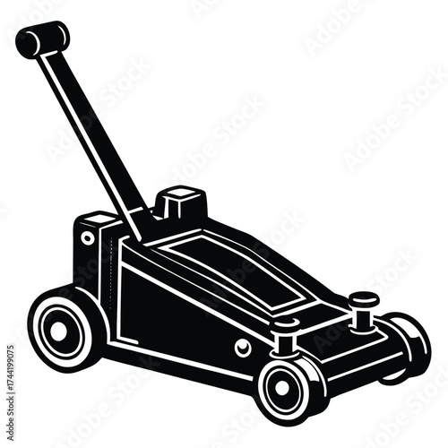 Black and white illustration of a hydraulic car jack with a handle Keywords: hydraulic car jack, car jack