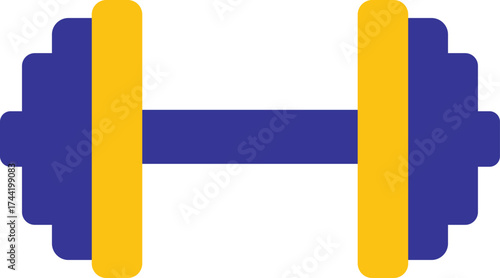 Blue and yellow dumbbell graphic with rounded edges on white weight exercise