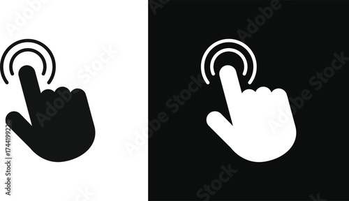 Black and white hand cursor icon with concentric circles indicating a touch or click action on a contrasting background