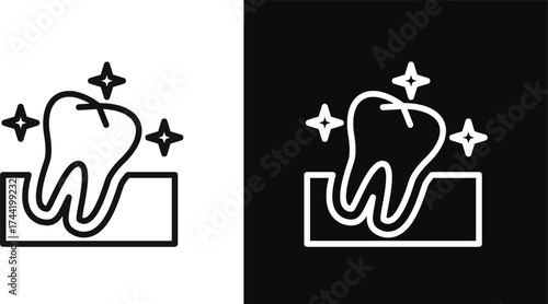 Clean healthy tooth icon with sparkles representing oral hygiene and dental care on black and white backgrounds