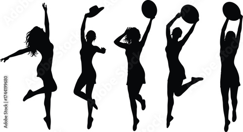Black silhouette vector illustration of dancing women in short dresses holding hats and circular objects, celebrating movement, fashion, lifestyle, and artistic performance