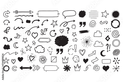 Extensive collection of handdrawn doodle elements isolated on white background, featuring arrows, hearts, stars, and speech bubbles for versatile designs vector illustration