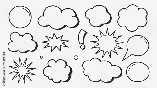 Vector illustration of speech bubbles clouds exclamation point and starbursts in a cartoon doodle style design