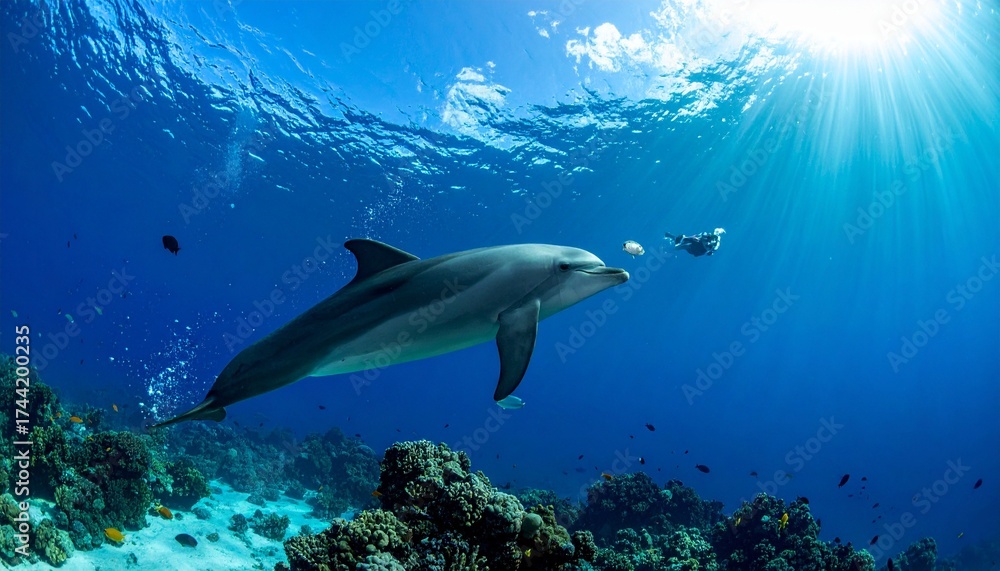 Obraz premium Sure! Here's a natural-style prompt to generate or describe a picture of a dolphin in its natural habitat:---**Prompt (Natural Style Image Description):***A graceful dolphin glides effortlessly 