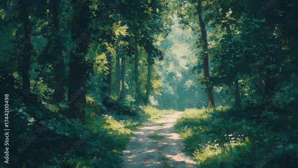 Obraz premium 朝の森の小道 柔らかな光に包まれた自然風景アート