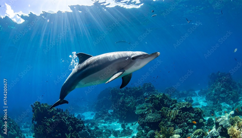 Fototapeta premium Sure! Here's a natural-style prompt to generate or describe a picture of a dolphin in its natural habitat:---**Prompt (Natural Style Image Description):***A graceful dolphin glides effortlessly 