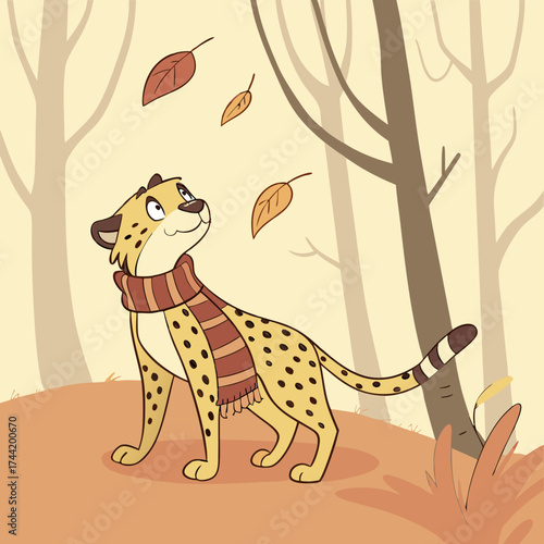 A smiling cartoon cheetah wearing a cozy scarf watches autumn leaves fall in the woods.