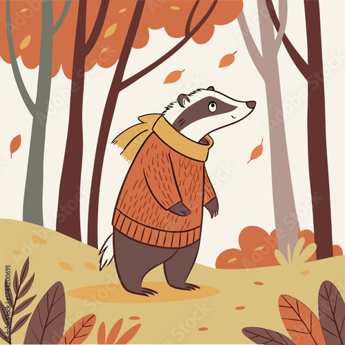 A friendly badger in a cozy sweater and scarf enjoys a stroll in the autumn forest.