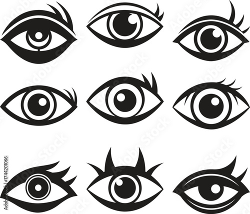 Collection of stylized black and white eye illustrations