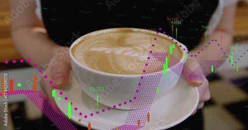Moving latte cup forward, barista causing finance charts to flow around rim illustrating trends