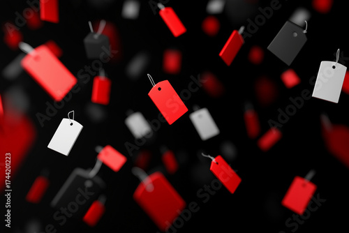 Black background with floating red and white sale tags, minimalist composition, Black Friday concept, high quality stock photo, natural light, ultra realistic