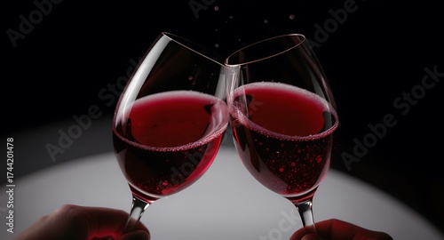 Two wine glasses clinking with red wine against a dark background