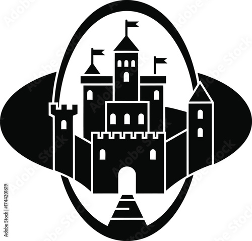 Stylized black silhouette of a fairytale castle with flags and a pathway within an oval frame