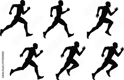 Dynamic running silhouette sequence showing sprint motion cycle, athlete training illustration, human biomechanics movement, sports exercise vector design for fitness concepts