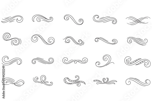 An array of twenty decorative swirl designs, each with unique flourishes, offering a variety of elegant accent options isolated on white background vector illustration