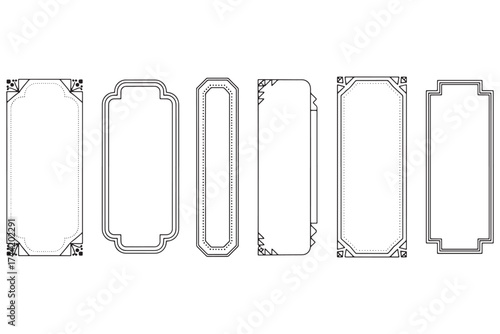 A collection of six decorative frame designs, each with unique corner embellishments, offering a variety of elegant border options isolated on white background vector illustration