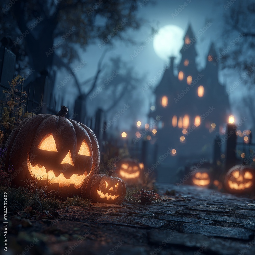 Fototapeta premium Enigmatic halloween night: haunted house with glowing pumpkins in a dark forest. Advertising photo. Evolving halloween atmosphere: from subtle to detailed with pumpkins and house.