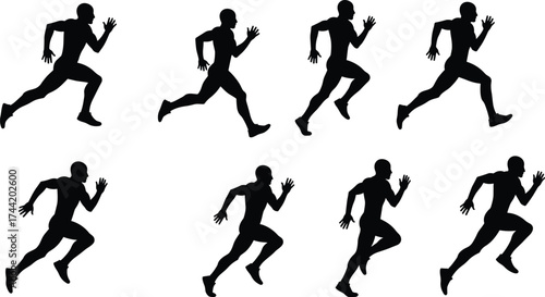 Dynamic running silhouette sequence showing sprint motion cycle, athlete training illustration, human biomechanics movement, sports exercise vector design for fitness concepts